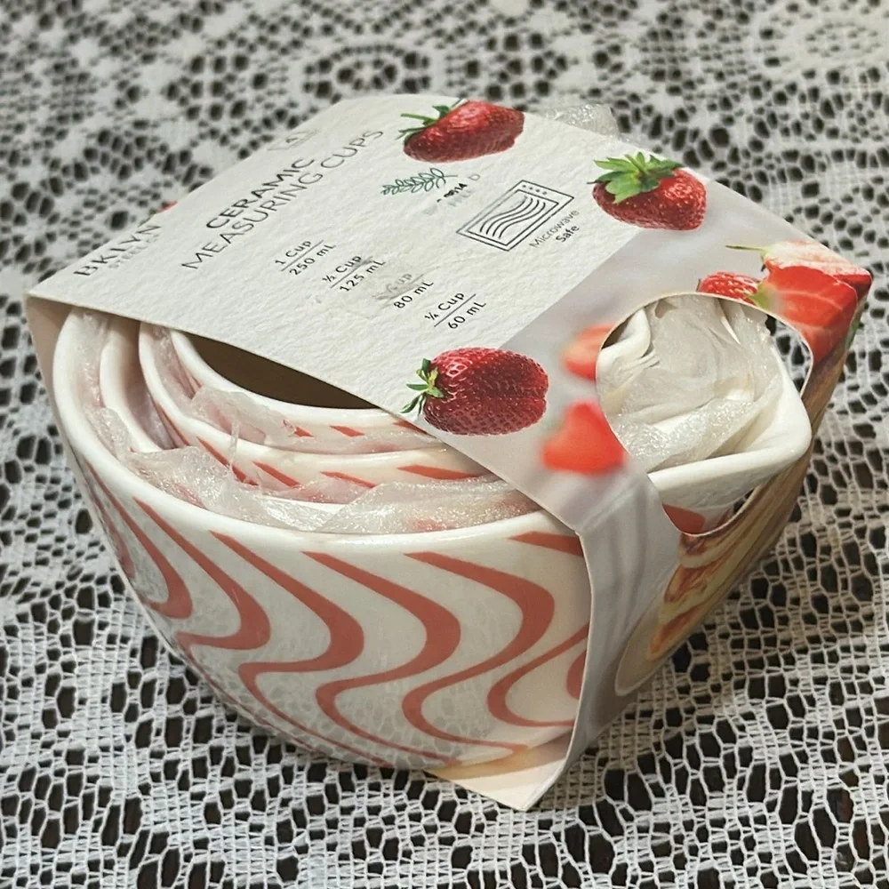 NEW Set of 4 Ceramic Nesting Measuring Cups Pink Swirl Design